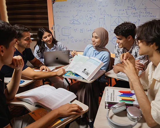 A female student is explaining something to three other students.